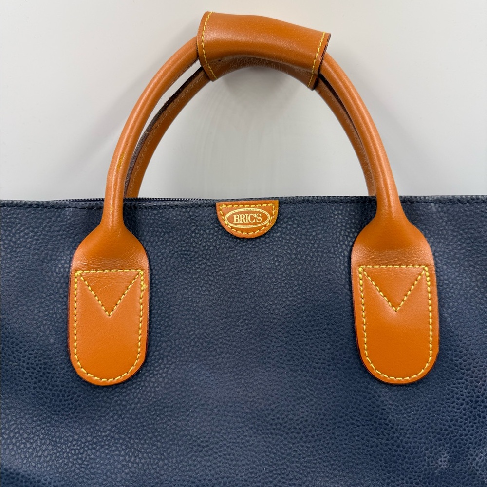 Bric’s Italy Leather Trim Blue Canvas Duffel Bag Weekender Travel Carry On - Picture 8 of 16